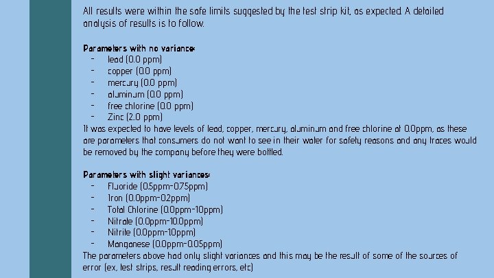 All results were within the safe limits suggested by the test strip kit, as