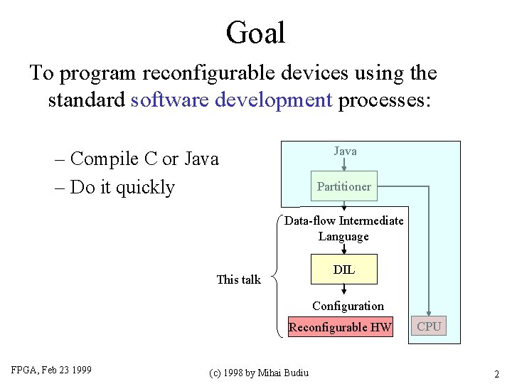 Goal To program reconfigurable devices using the standard software development processes: Java – Compile