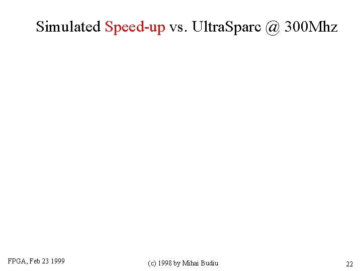Simulated Speed-up vs. Ultra. Sparc @ 300 Mhz FPGA, Feb 23 1999 (c) 1998