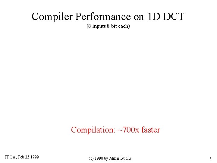 Compiler Performance on 1 D DCT (8 inputs 8 bit each) Compilation: ~700 x