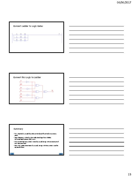 06/06/2017 Convert Ladder to Logic Gates Convert this Logic to Ladder Summary • This