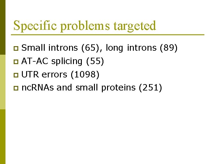 Specific problems targeted p Small introns (65), long introns (89) p AT-AC splicing (55)