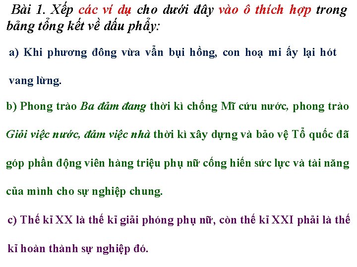 Bài 1. Xếp các ví dụ cho dưới đây vào ô thích hợp trong