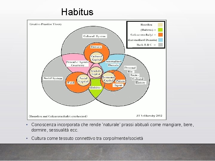 Habitus • Conoscenza incorporata che rende ‘naturale’ prassi abituali come mangiare, bere, dormire, sessualità