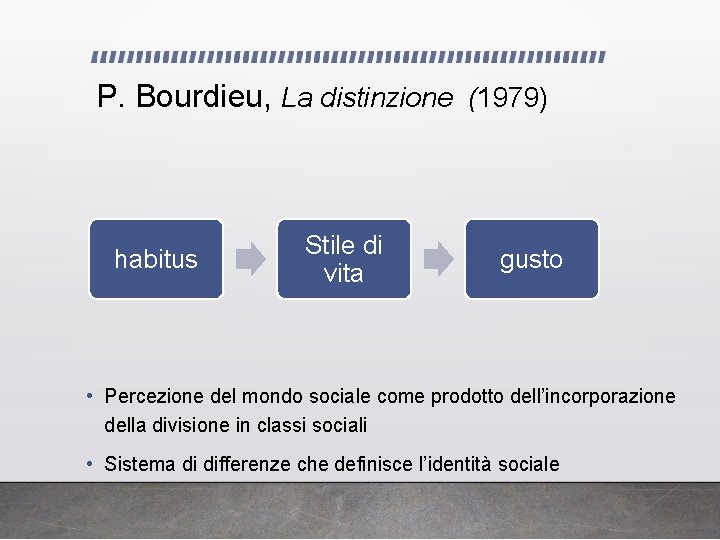 P. Bourdieu, La distinzione (1979) habitus Stile di vita gusto • Percezione del mondo
