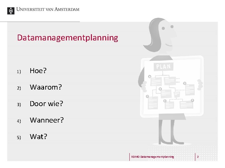 Datamanagementplanning 1) Hoe? 2) Waarom? 3) Door wie? 4) Wanneer? 5) Wat? RDMO Datamanagementplanning