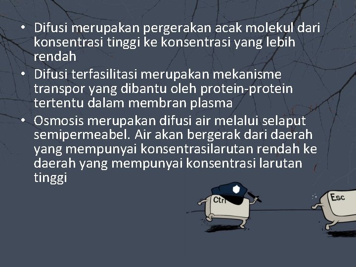  • Difusi merupakan pergerakan acak molekul dari konsentrasi tinggi ke konsentrasi yang lebih