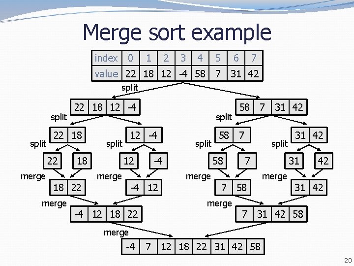 Merge sort example index 0 1 2 3 4 5 6 7 value 22