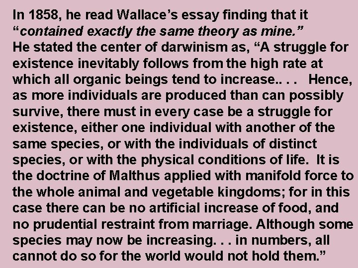 In 1858, he read Wallace’s essay finding that it “contained exactly the same theory