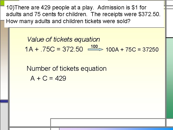 10)There are 429 people at a play. Admission is $1 for adults and 75