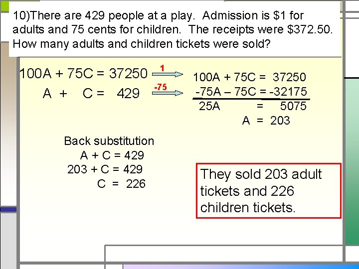 10)There are 429 people at a play. Admission is $1 for adults and 75