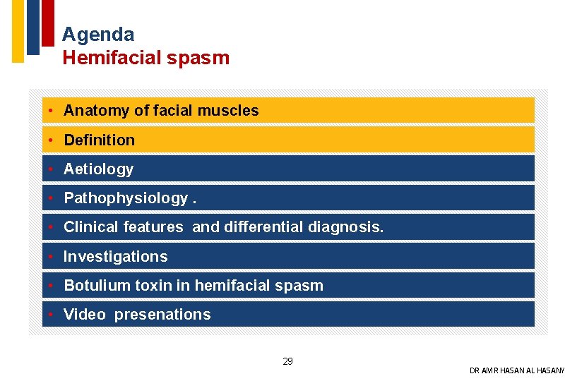 Agenda Hemifacial spasm • Anatomy of facial muscles • Definition • Aetiology • Pathophysiology.
