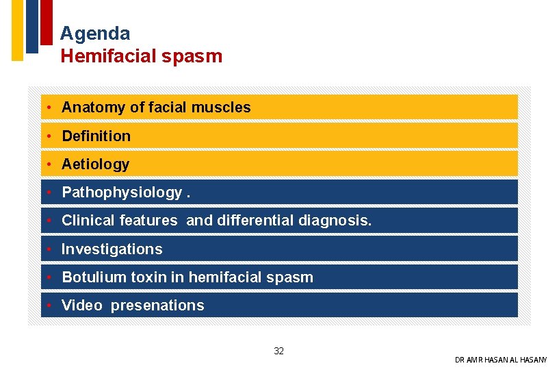 Agenda Hemifacial spasm • Anatomy of facial muscles • Definition • Aetiology • Pathophysiology.