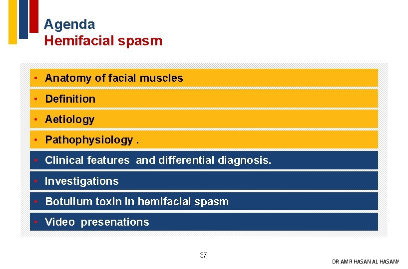 Agenda Hemifacial spasm • Anatomy of facial muscles • Definition • Aetiology • Pathophysiology.