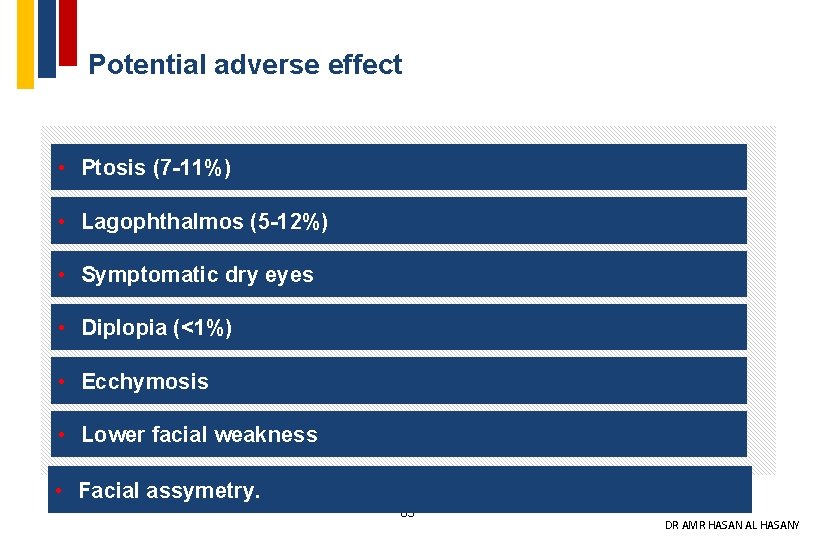 Potential adverse effect • Ptosis (7 -11%) • Lagophthalmos (5 -12%) • Symptomatic dry