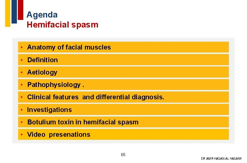 Agenda Hemifacial spasm • Anatomy of facial muscles • Definition • Aetiology • Pathophysiology.