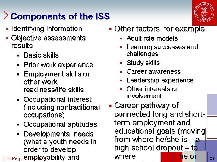Components of the ISS Identifying information § Objective assessments results § Basic skills §