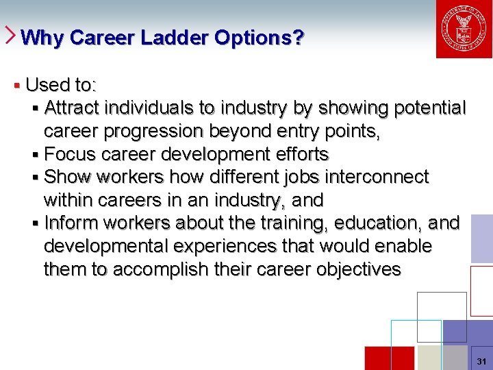Why Career Ladder Options? § Used to: § Attract individuals to industry by showing