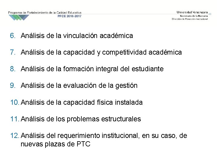 6. Análisis de la vinculación académica 7. Análisis de la capacidad y competitividad académica