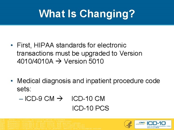 What Is Changing? • First, HIPAA standards for electronic transactions must be upgraded to