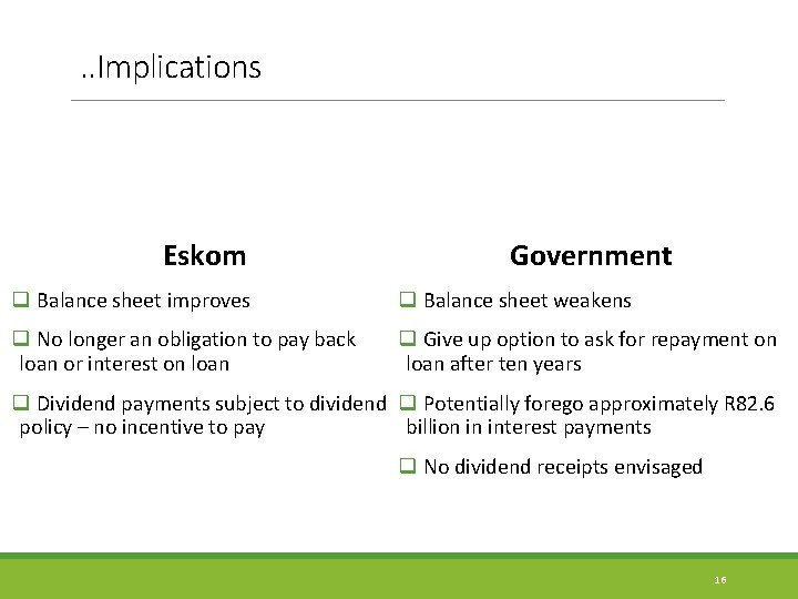 . . Implications Eskom Government q Balance sheet improves q Balance sheet weakens q