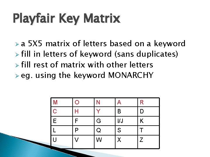 Playfair Key Matrix Øa 5 X 5 matrix of letters based on a keyword