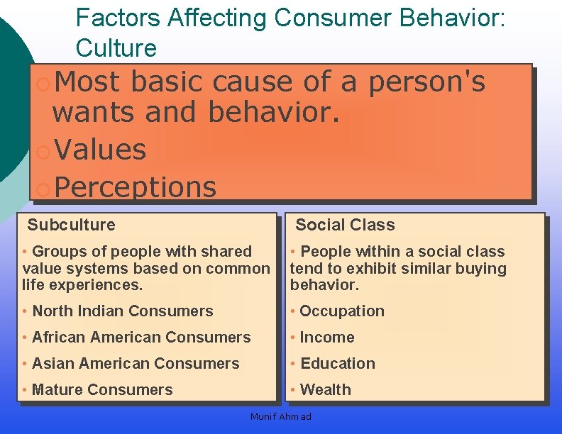 Factors Affecting Consumer Behavior: Culture ¡Most basic cause of a person's wants and behavior.