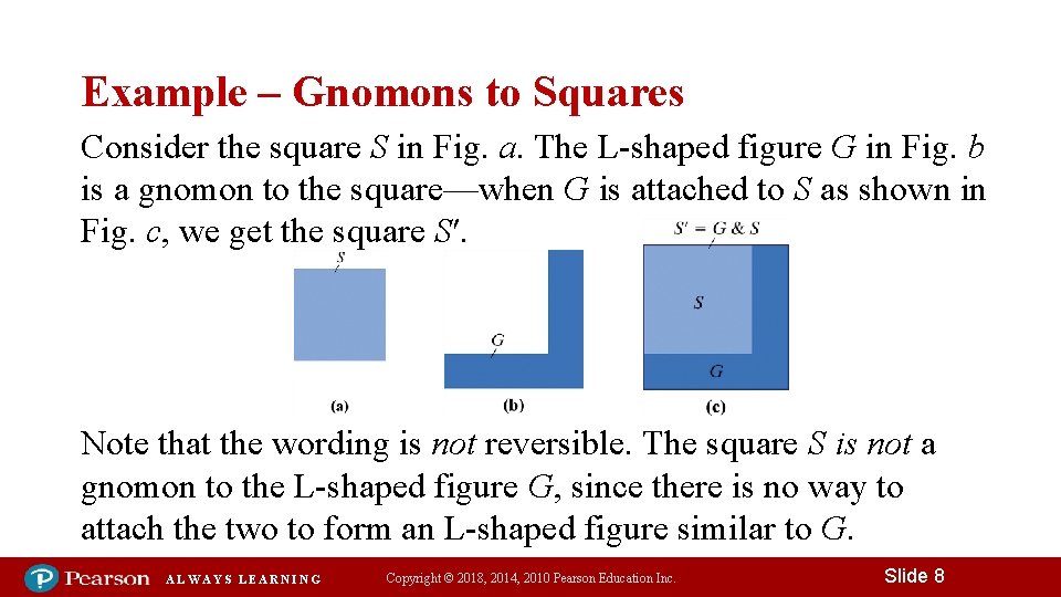 Example – Gnomons to Squares Consider the square S in Fig. a. The L-shaped