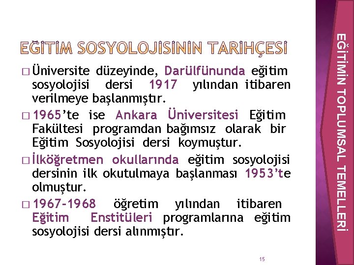 düzeyinde, Darülfünunda eğitim sosyolojisi dersi 1917 yılından itibaren verilmeye başlanmıştır. � 1965’te ise Ankara