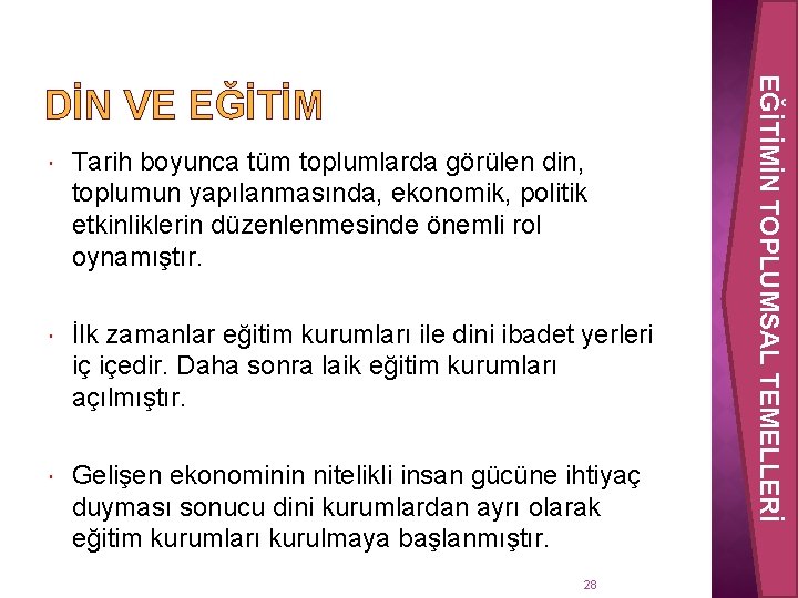  Tarih boyunca tüm toplumlarda görülen din, toplumun yapılanmasında, ekonomik, politik etkinliklerin düzenlenmesinde önemli
