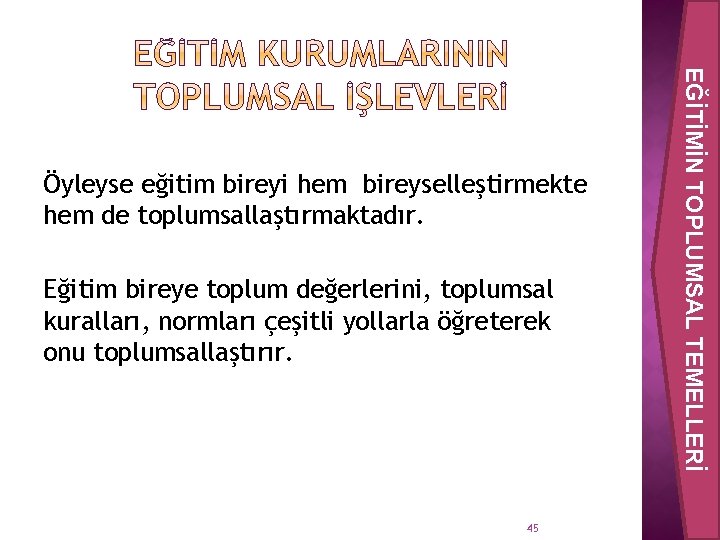 Eğitim bireye toplum değerlerini, toplumsal kuralları, normları çeşitli yollarla öğreterek onu toplumsallaştırır. 45 EĞİTİMİN