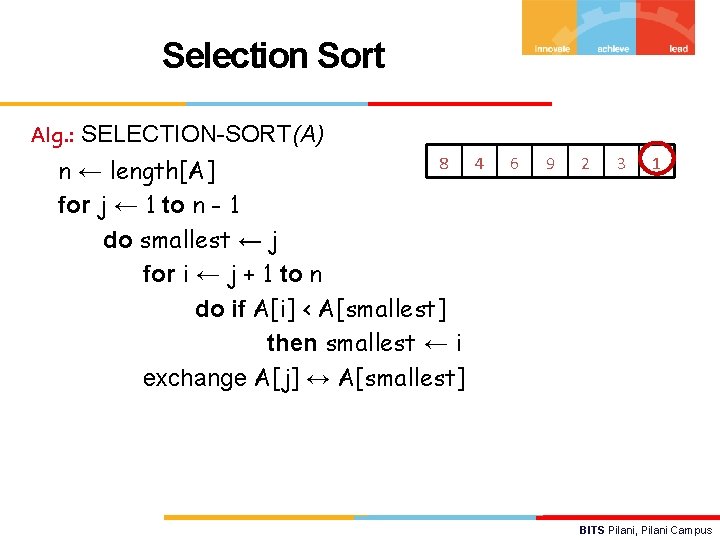 Selection Sort Alg. : SELECTION-SORT(A) 8 n ← length[A] for j ← 1 to