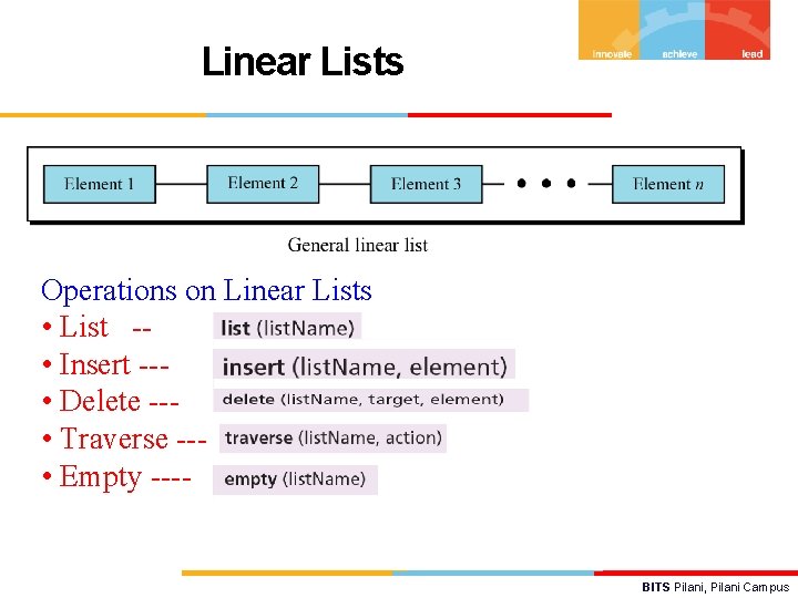 Linear Lists Operations on Linear Lists • List - • Insert -- • Delete
