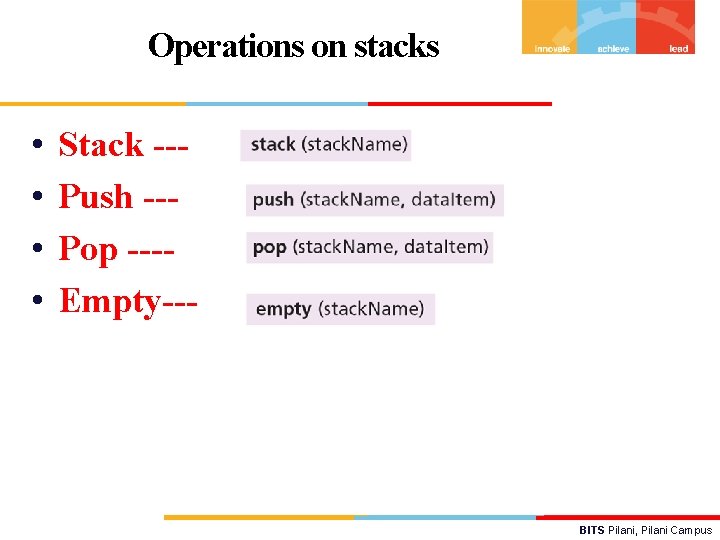 Operations on stacks • • Stack --Push --Pop ---Empty--- BITS Pilani, Pilani Campus 