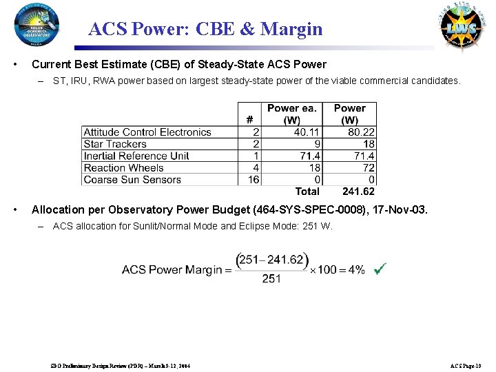ACS Power: CBE & Margin • Current Best Estimate (CBE) of Steady-State ACS Power
