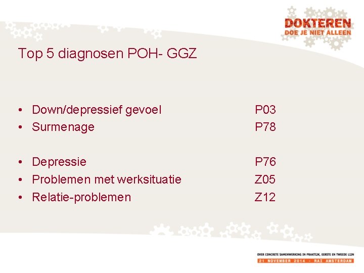 Top 5 diagnosen POH- GGZ • Down/depressief gevoel • Surmenage P 03 P 78
