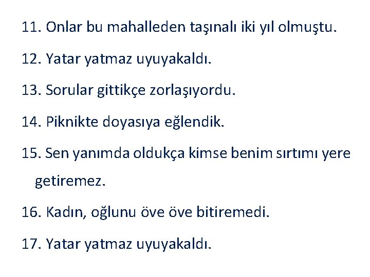 11. Onlar bu mahalleden taşınalı iki yıl olmuştu. 12. Yatar yatmaz uyuyakaldı. 13. Sorular