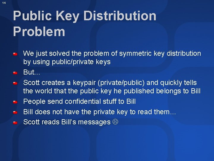 14 Public Key Distribution Problem We just solved the problem of symmetric key distribution