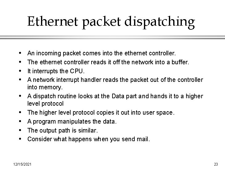 Ethernet packet dispatching • • • An incoming packet comes into the ethernet controller.