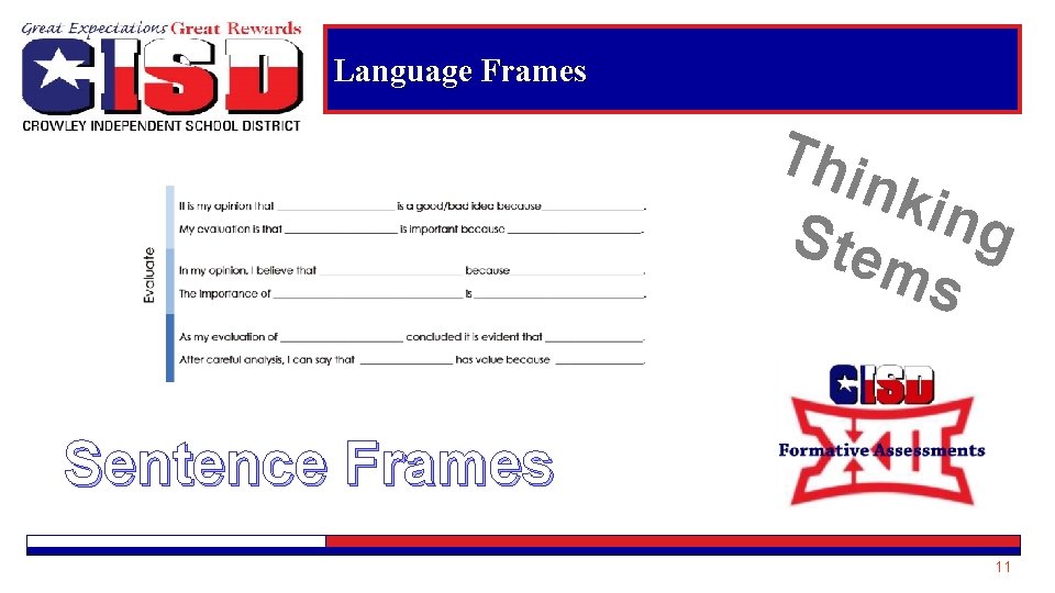 Language Frames Thi nki n g Ste ms Sentence Frames 11 