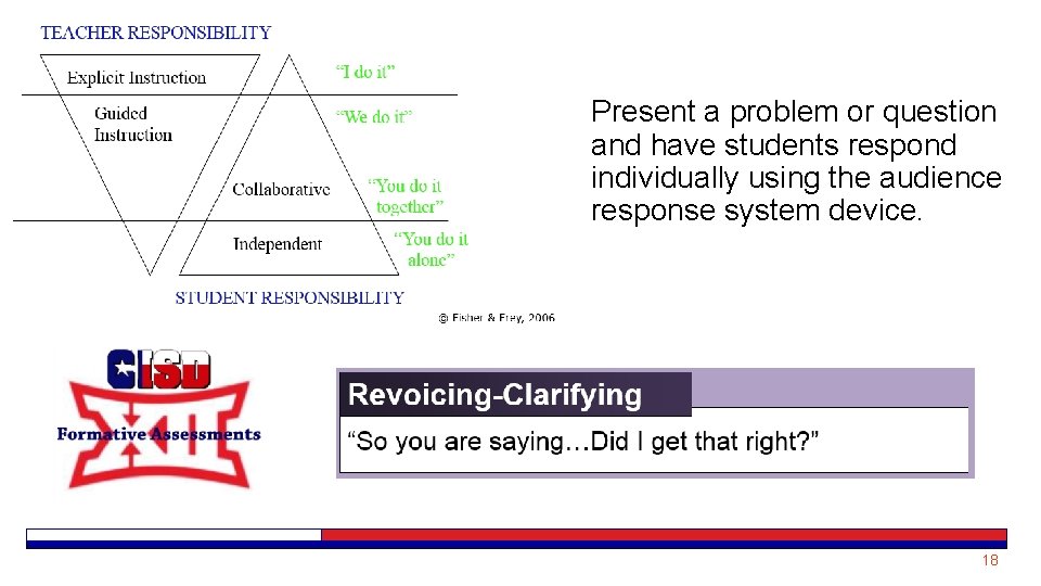 Present a problem or question and have students respond individually using the audience response