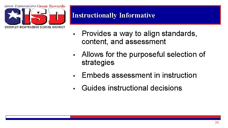 Instructionally Informative • Provides a way to align standards, content, and assessment • Allows