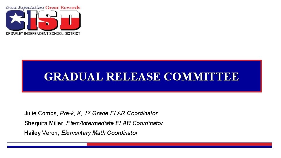 GRADUAL RELEASE COMMITTEE Julie Combs, Pre-k, K, 1 st Grade ELAR Coordinator Shequita Miller,