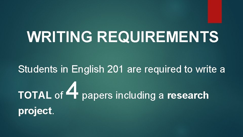 WRITING REQUIREMENTS Students in English 201 are required to write a TOTAL of project.