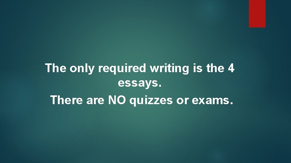 The only required writing is the 4 essays. There are NO quizzes or exams.