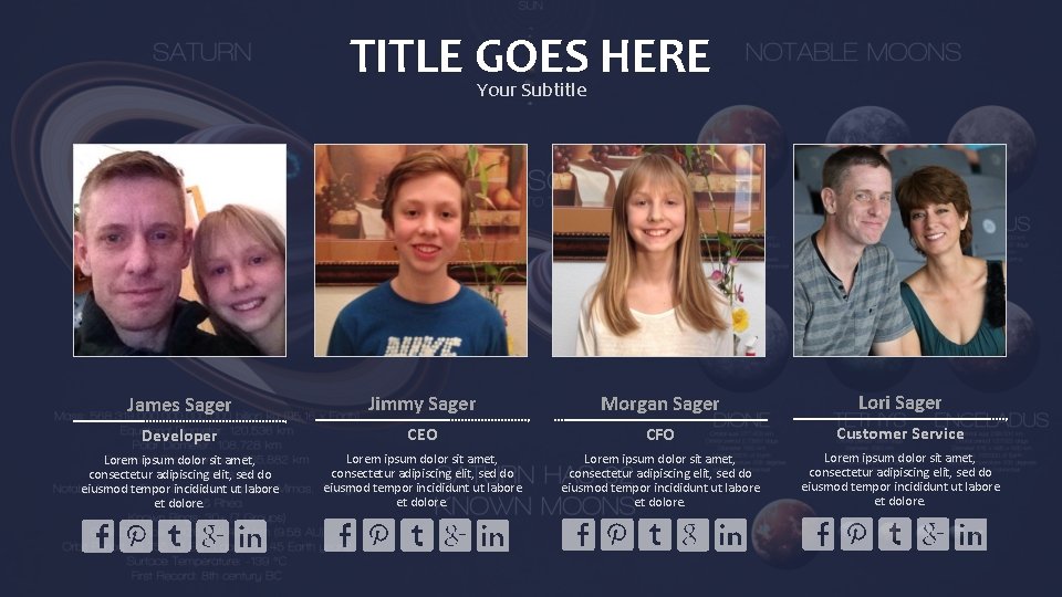 TITLE GOES HERE Your Subtitle James Sager Jimmy Sager Morgan Sager Lori Sager Developer