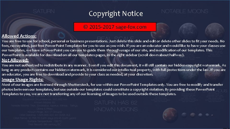 Copyright Notice © 2015 -2017 sage-fox. com Allowed Actions: You are free to use