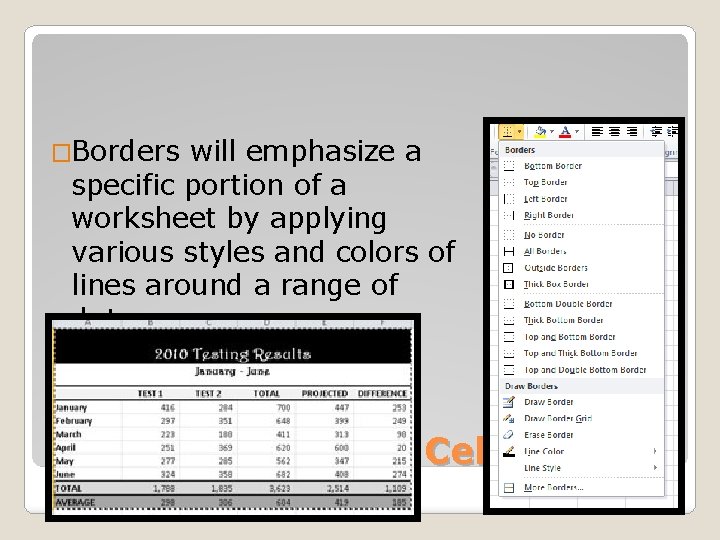 �Borders will emphasize a specific portion of a worksheet by applying various styles and