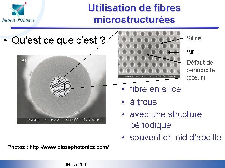 Utilisation de fibres microstructurées • Qu’est ce que c’est ? Silice Air Défaut de