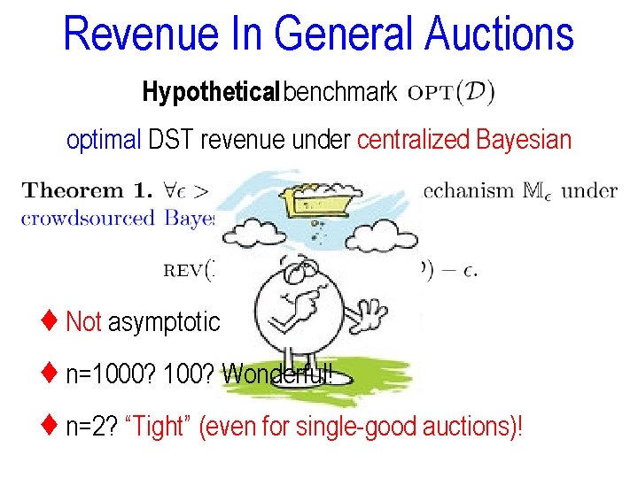 Revenue In General Auctions Hypothetical benchmark optimal DST revenue under centralized Bayesian ♦ Not